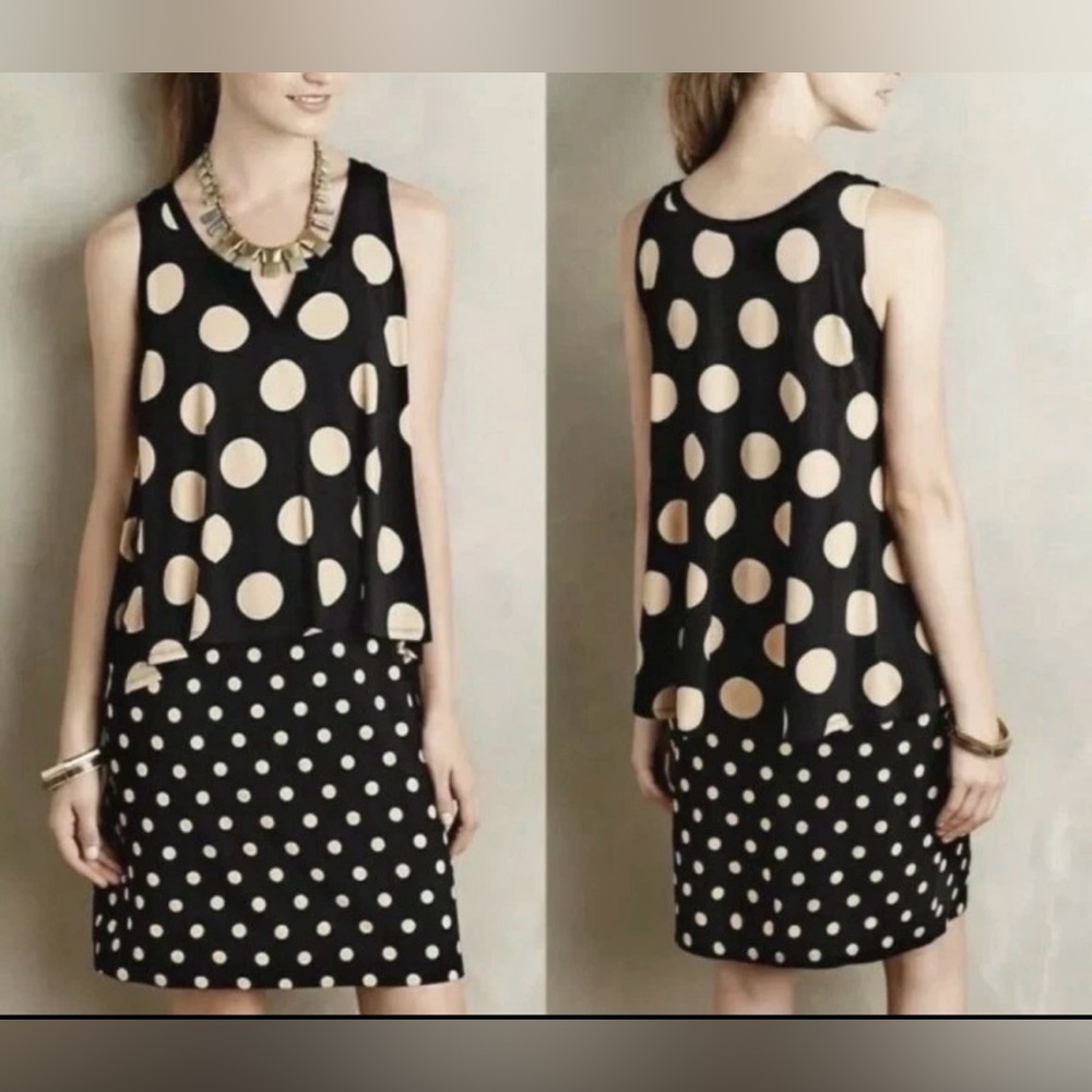 Maeve by Anthropologie Davina Polka Dot Midi Dress V-Neck Black Tan M